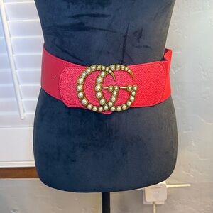 Red Designer Belt with Pearl Accents